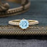 6-Prong Classic Round Cut Aquamarine Engagement Ring Pave Bridal Ring