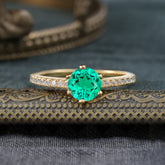 6-Prong Classic Round Cut Emerald Engagement Ring Pave Bridal Ring
