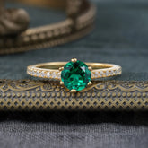 6-Prong Classic Round Cut Emerald Engagement Ring Pave Bridal Ring