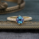 6-Prong Classic Round Cut Alexandrite Engagement Ring Pave Bridal Ring