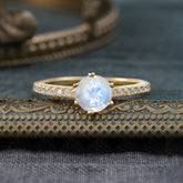 Classic Round Cut Natural Moonstone Engagement Ring Pave Bridal Ring