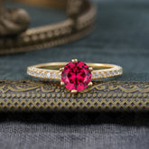 6-Prong Classic Round Cut Ruby Engagement Ring Pave Bridal Ring