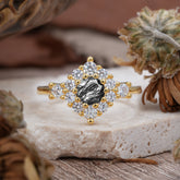 Round Cut Black Rutilated Quartz Engagement Ring Cluster 6-Prong Setting