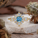 Round Cut Aquamarine Engagement Ring Cluster 6-Prong Setting