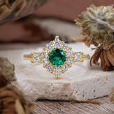 Round Cut Emerald Engagement Ring Cluster 6-Prong Setting