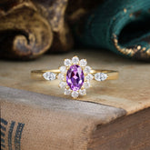 Vintage Halo Cluster Oval Cut Amethyst Engagement Ring