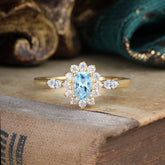 Vintage Halo Cluster Oval Cut Aquamarine Engagement Ring