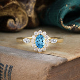 Vintage Halo Cluster Oval Cut Aquamarine Engagement Ring