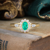 Vintage Halo Cluster Oval Cut Emerald Engagement Ring
