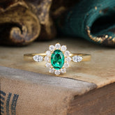 Vintage Halo Cluster Oval Cut Emerald Engagement Ring
