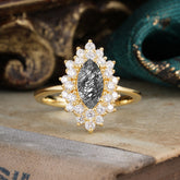 1 Carat Marquise Cut Black Rutilated Quartz Ring Vintage Cluster Wedding Ring