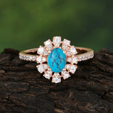 Floral Designed Cluster Ring 1 Carat Oval Cut Vintage Turquoise Ring