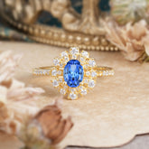 Floral Designed Cluster Ring 1 Carat Oval Cut Vintage Sapphire Ring