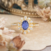 Floral Designed Cluster Ring 1 Carat Oval Cut Vintage Tanzanite Ring