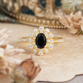 Floral Designed Cluster Ring 1 Carat Oval Cut Vintage Black Onyx Ring
