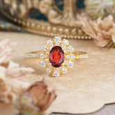 Floral Designed Cluster Ring 1 Carat Oval Cut Vintage Garnet Ring