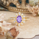 Floral Designed Cluster Ring 1 Carat Oval Cut Vintage Amethyst Ring