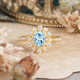 Floral Designed Cluster Ring 1 Carat Oval Cut Vintage Aquamarine Ring