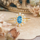 Floral Designed Cluster Ring 1 Carat Oval Cut Vintage Aquamarine Ring