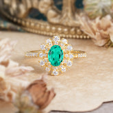 Floral Designed Cluster Ring 1 Carat Oval Cut Vintage Emerald Ring