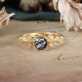 Round Cut Black Rutilated Quartz Engagement Ring Unique Distance Band Ring