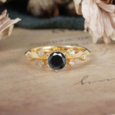 Round Cut Black Onyx Engagement Ring Unique Distance Band Ring