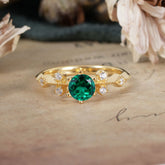 Round Cut Emerald Engagement Ring Unique Distance Band Ring