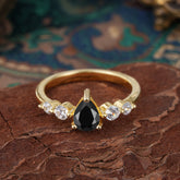 Pear Cut 3 Prong Classic Black Onyx Wedding Ring Promise Side Stone Anniversary Ring