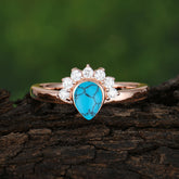 Unique Pear Cut Halo Turquoise Engagement Ring Bezel Cluster Ring