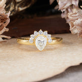 Unique Pear Cut Halo Moissanite Engagement Ring Bezel Cluster Ring