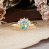 Unique Pear Cut Halo Moss Agate Engagement Ring Bezel Cluster Ring