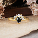 Unique Pear Cut Halo Black Onyx Engagement Ring Bezel Cluster Ring