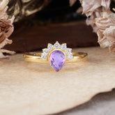 Unique Pear Cut Halo Amethyst Engagement Ring Bezel Cluster Ring