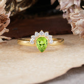 Unique Pear Cut Halo Peridot Engagement Ring Bezel Cluster Ring