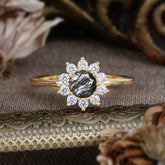Flower Inspired Unique Cluster Ring Round Cut Black Rutilated Quartz Engagement Ring