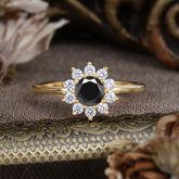 Flower Inspired Unique Cluster Ring Round Cut Black Onyx Engagement Ring