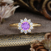 Flower Inspired Unique Cluster Ring Round Cut Amethyst Engagement Ring