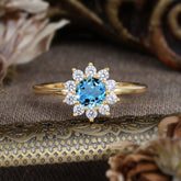Flower Inspired Unique Cluster Ring Round Cut Aquamarine Engagement Ring