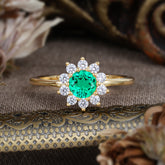 Flower Inspired Unique Cluster Ring Round Cut Emerald Engagement Ring