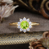 Flower Inspired Unique Cluster Ring Round Cut Peridot Engagement Ring