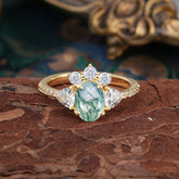 2 Carat Cluster Moss Agate Promise Ring Unique Oval Shaped Pave Halo Ring