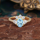 2 Carat Cluster Aquamarine Promise Ring Unique Oval Shaped Pave Halo Ring