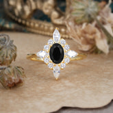 4 Prong Vintage 1 Carat Oval Cut Cluster Black Onyx Engagement Ring