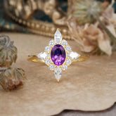 Vintage 1 Carat Oval Cut Cluster Amethyst Engagement Ring