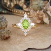 4 Prong Vintage 1 Carat Oval Cut Cluster Peridot Engagement Ring