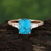 3 Carat Emerald Cut Turquoise Ring Three Stone Engagement Ring