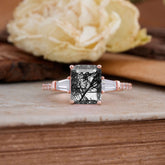 3 Carat Emerald Cut Black Rutilated Quartz Ring Three Stone Engagement Ring