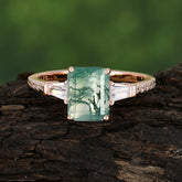 3 Carat Emerald Cut Moss Agate Ring Three Stone Engagement Ring