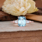 3 Carat Emerald Cut Aquamarine Ring Three Stone Engagement Ring