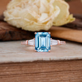 3 Carat Emerald Cut Aquamarine Ring Three Stone Engagement Ring